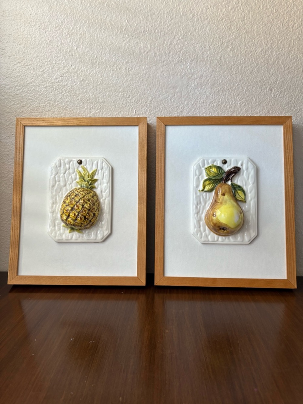 Vintage MCM Ceramic Fruit Wall Tiles Plaques Pear & Pineapple Mounted Framed 3D